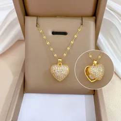 ZAKOL French Shell Pearl Necklace For Women Gold Color Stainless Steel Zircon Love Heart Clavicle Chain Choker Wedding Jewelry
