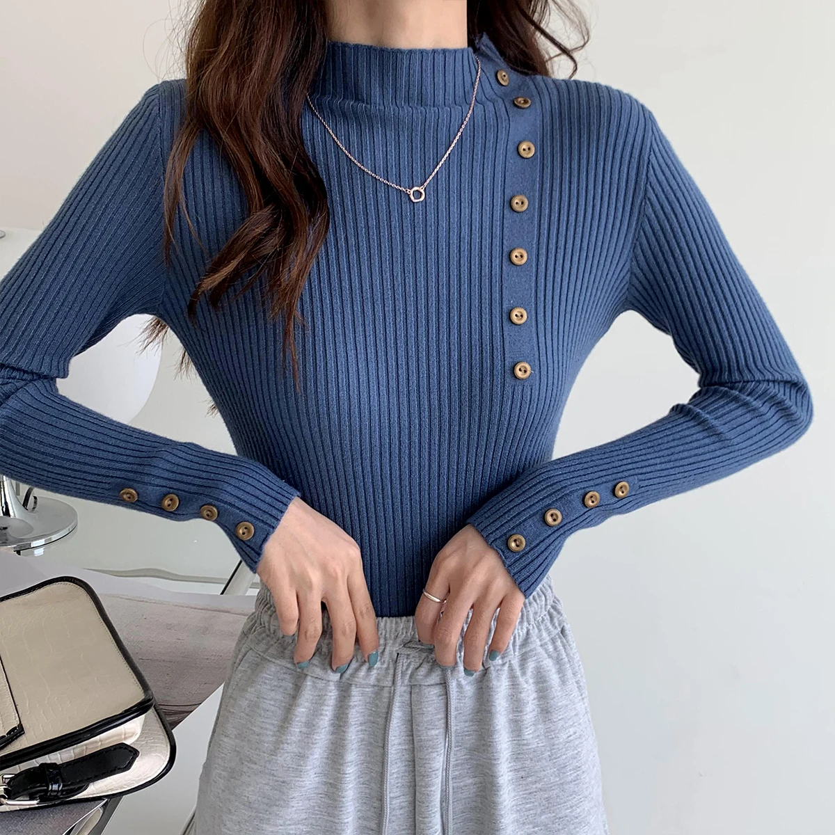 

Ribbed Long Sleeve Sweater with Button Trim Pullover Stretchy Fitted Mock-neck Jumper Women Teen-girl Fall Winter Layering Piece