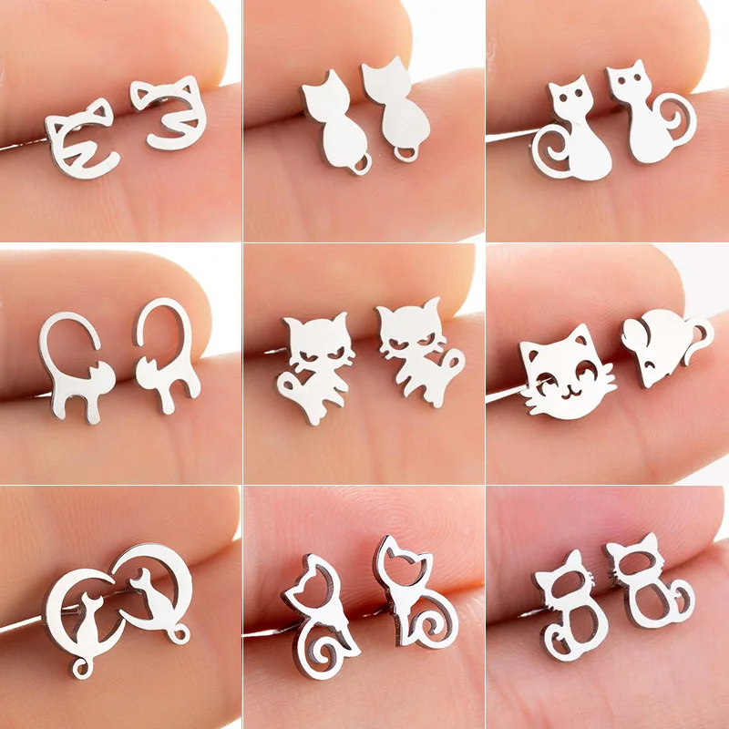 Trendy Cute Kitten Stud Earring For Women Stainless Steel Sweet Animal Moon Cat Multiple Piercing Earrings Pendientes Mujer