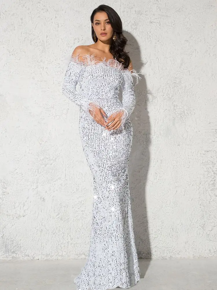 Sparkle Green Feathers Sequin Maxi Cocktail Dress Mermaid Off The Shoulder Long Sleeve Stretch Wedding Party Gown Dresses 2024