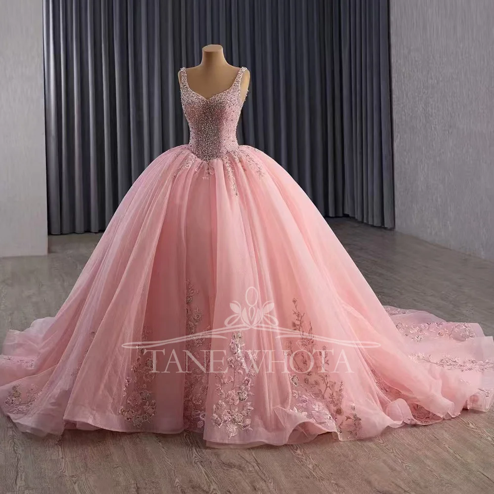 Customizable Pink Prom Dress Detachable Jacket Spaghetti Straps Lace-Up Back Beading Quinceanera Women's Special Occasion Gown