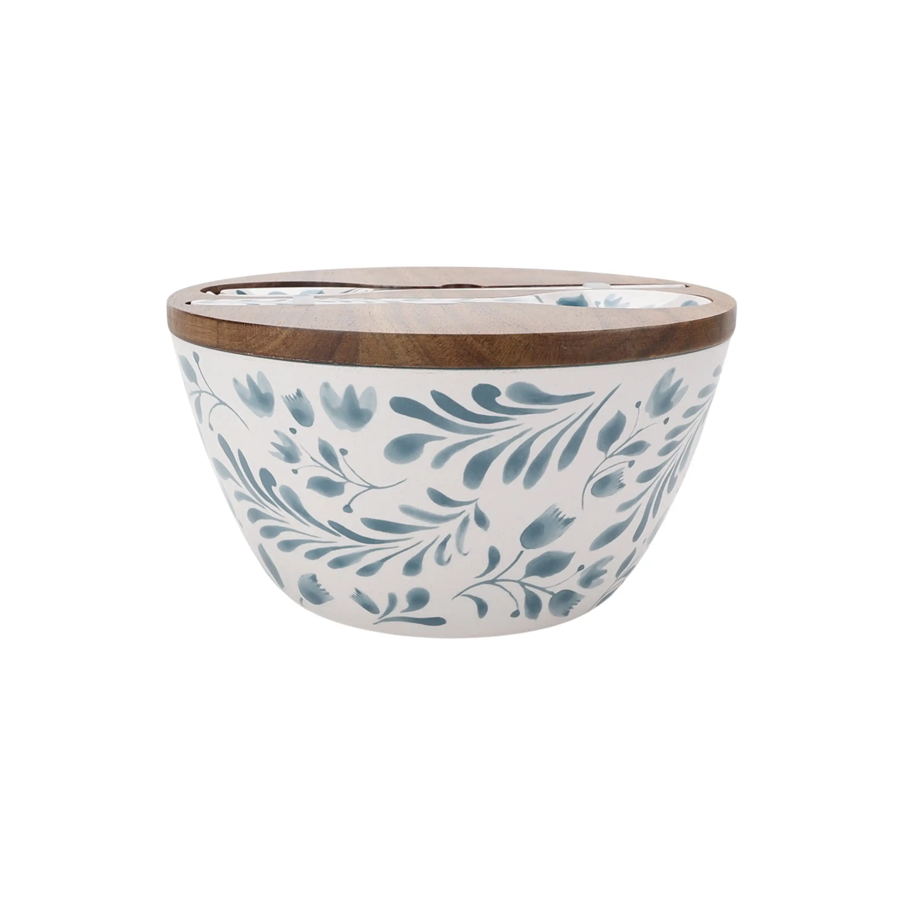 مجموعة أوعية تقديم سلطة الميلامين الخيزرانية المكونة من 4 قطع من بيتر هومز آند جاردنز مع غطاء من خشب السنط، باللون الأزرق