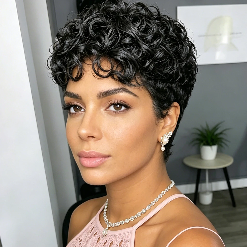 

99J Brown Natural Color Curly Pixie Cut Wig Human Hair Daily Wear Wig Full Machine Made