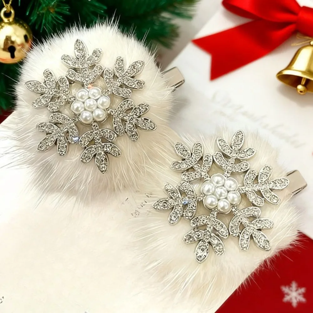 2Pcs Christmas Pearl Rhinestone Snowflake Girls Hair Clip Duckbill Clip Headwear Side Clip Jewelry Accessory Glitter Shiny Gift