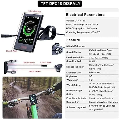 Greenpedel Bafang DPC18 Display LCD Colorful Display Switch USB Port for Electric Bike Mid Drive Motor Conversion Kit