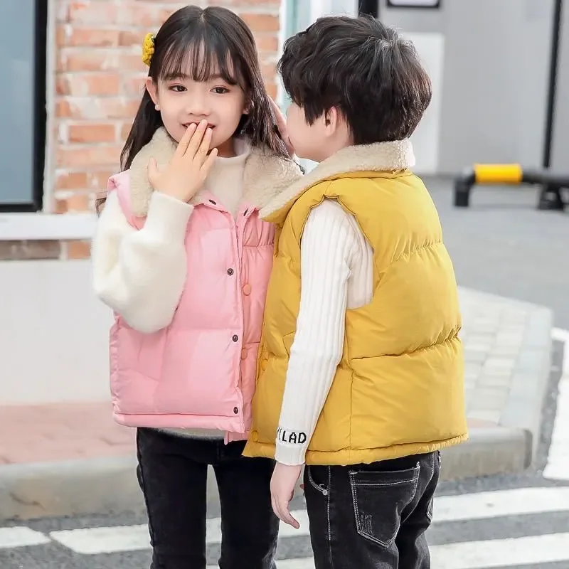 

Autumn Winter Children Down Cotton Vest Boys Girls Plus Velvet Thick Warm Vest Baby Outer Wear Lapel Vest Soft Fashion Waistcoat