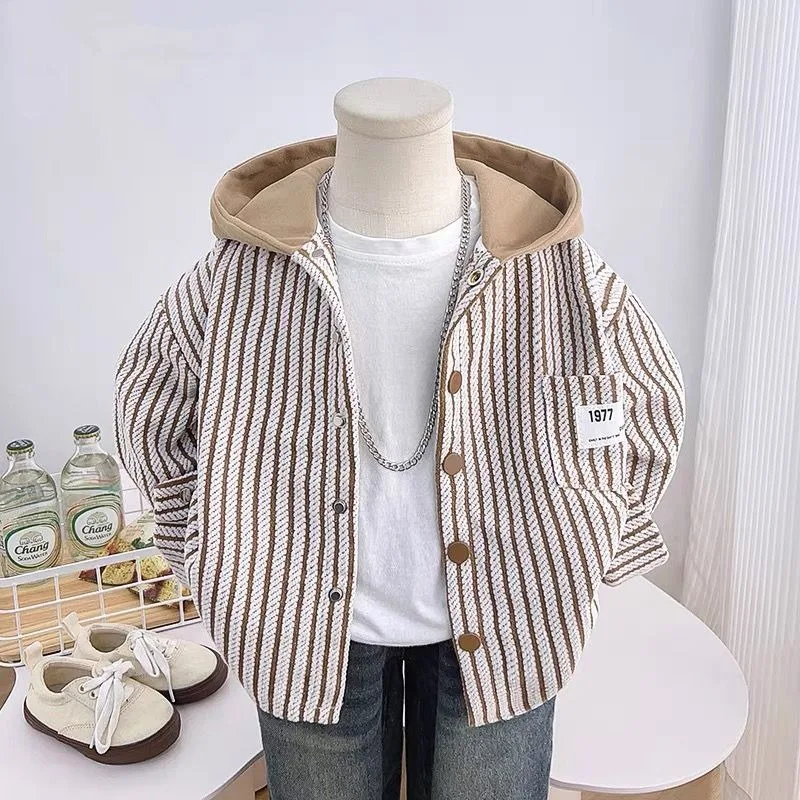 

2025 New Korean Style Boys' Hooded Striped Jacket Spring Autumn Outerwear for Kids