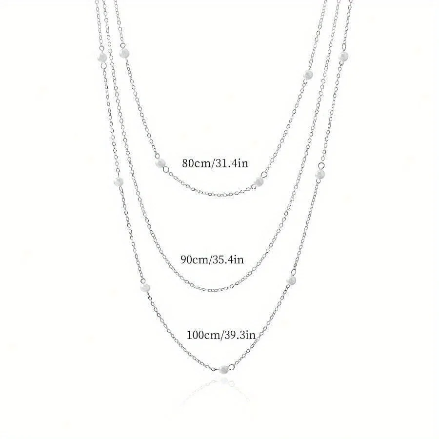 Three 925 Sterling Silver Plated Fashionable and Elegant Long Autumn/Winter Layered Women's Necklaces, Imitation Pearl Geometric Trendy Sweater Chain Necklaces