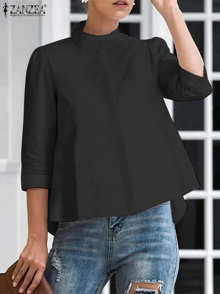 ZANZEA 2023 Summer Office Lady Blouse Stand Collar Casual Tops Women Solid Color Blusas 3/4 Sleeve Street Buttons Fashion Shirts