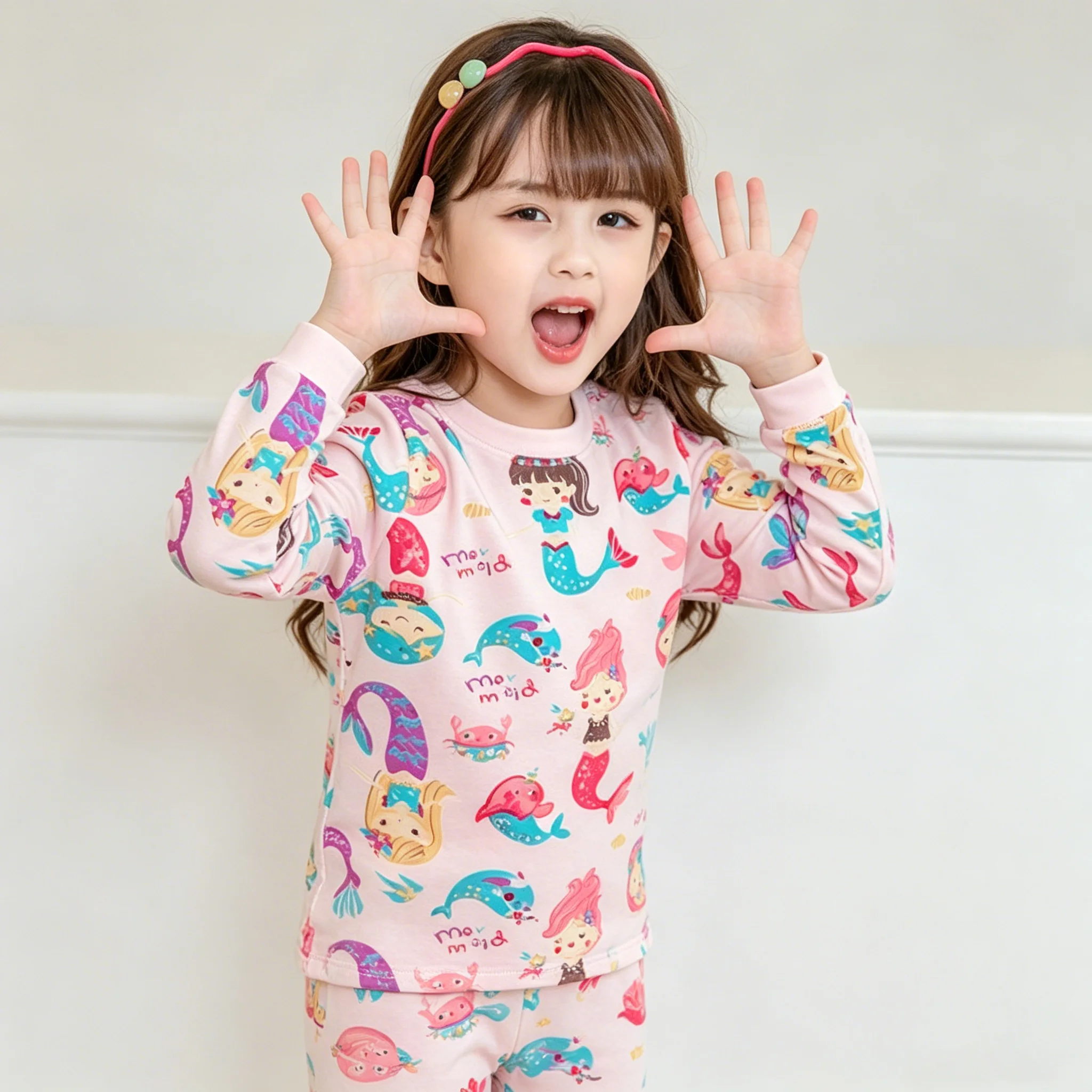 Kinder Mädchen Baumwoll-Pyjama-Set Cartoon Meerjungfrau-Druck Herbst Frühling Thermounterwäsche Kleinkind Langarm-Schlafanzug Homewear 2-teilig – Detail 7