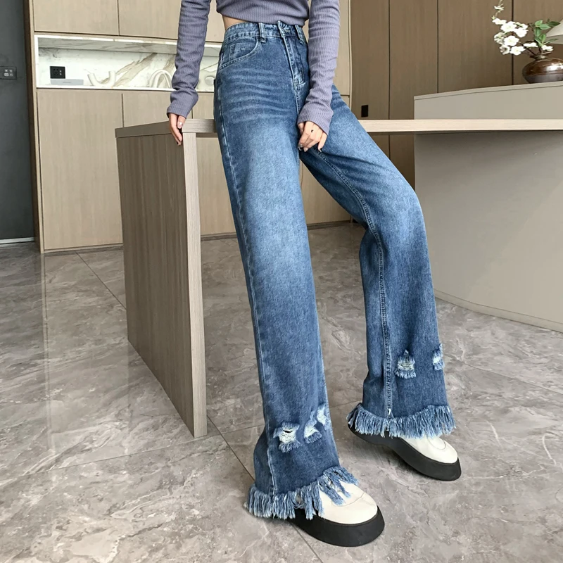 

Women's High Waist Straight Jeans American Vintage High Street Ripped Raw Hem Wide Leg Loose Denim Pants Streetwear