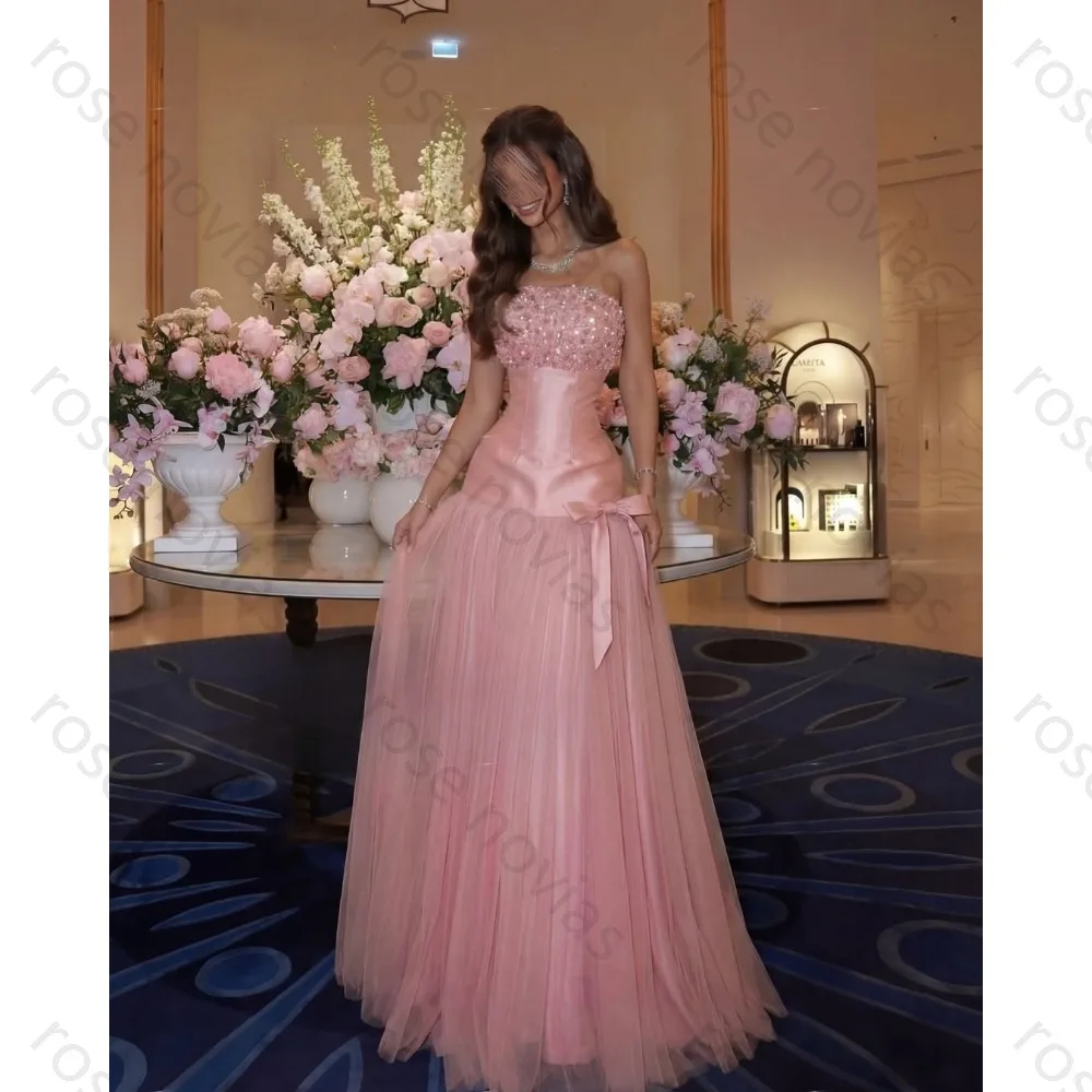 Vestido de Fiesta Personalizado 2026, Nuevo Vestido de Gala con Lentejuelas Rosa Pálido y Lazo, Vestido de Noche, Vestido de Fiesta de Graduación