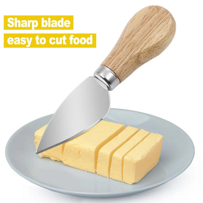 Stainless Steel Cheese Knife - 4-piece Set Oak Handle Butter Pizza Fruit Fork