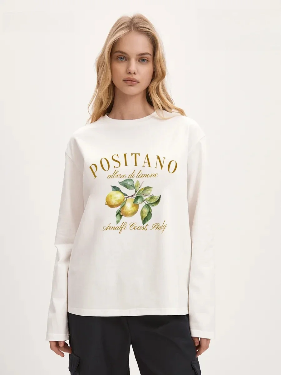 Spring Autumn Women's  Positano Watercolor Lemon Fruit Letter Front Print Long Sleeve 100% CottonT Shirt Loose Daily Wear Top