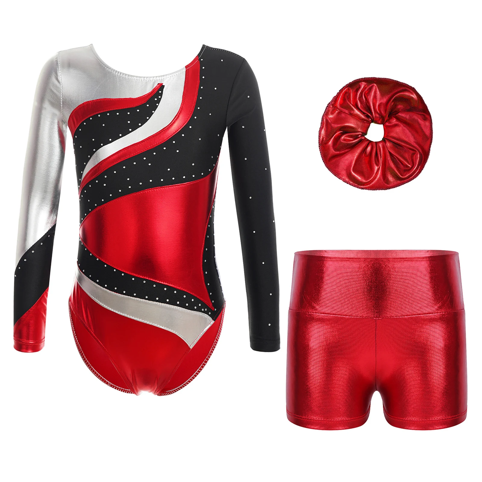 Girls Gymnastics Ballet Outfit Sets Long Sleeve Shiny Rhinestones Decorated Ballet Dance Leotard with Metallic Shorts Hairband