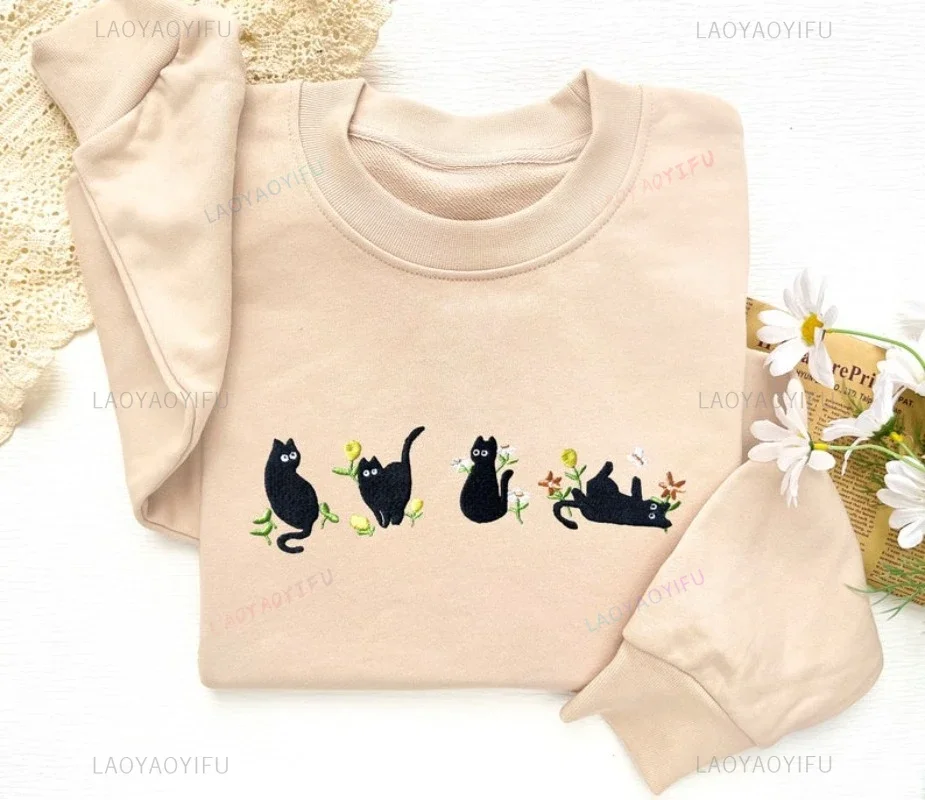 

Lovely Black Cat Sweatshirt Funny Jumper Crewneck Sweatshirt Unisex Clothing Cat Lover Fashionable Women Clothing Sweater