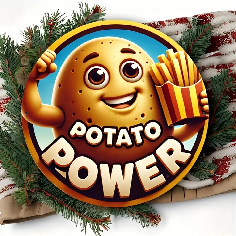 2D Flat, Potato Power 2D Farmhouse Wall Decor Sign - Cheerful Cartoon Potato Design, Aluminum Home Decor for Bedroom and Living Room