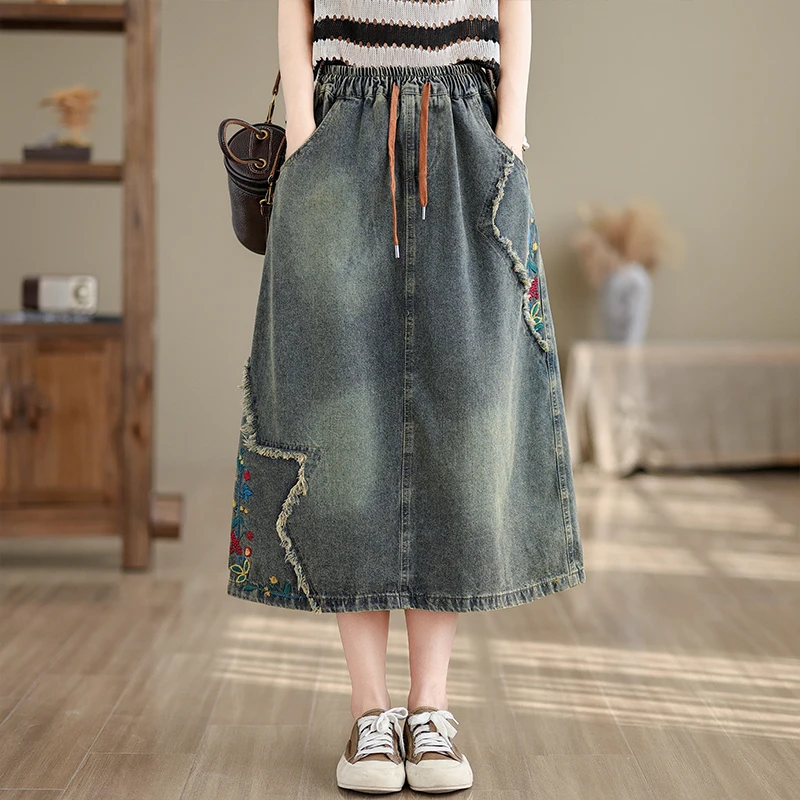 #3074 Elastic Waisted Denim Skirts Women Embroidery Floral Vintage Jeans Skirts Female Loose A-line Retro Midi Skirts Spring