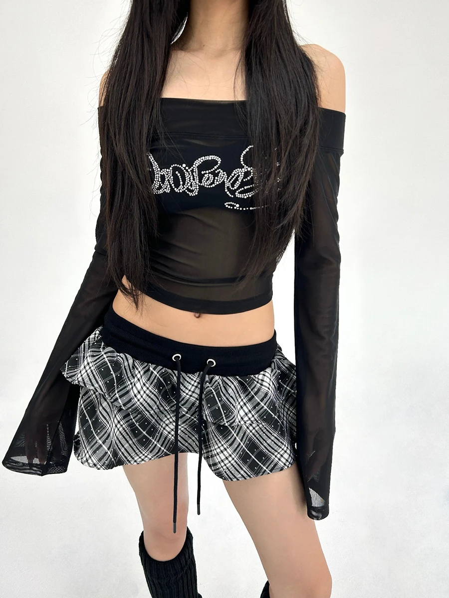 

RORORIRI Комплект юбки в клетку с открытыми плечами и сетчатым верхом со стразами для хип-поп, джазового танца, прозрачный укороченный топ Y2K, юбка-тортик с рюшами