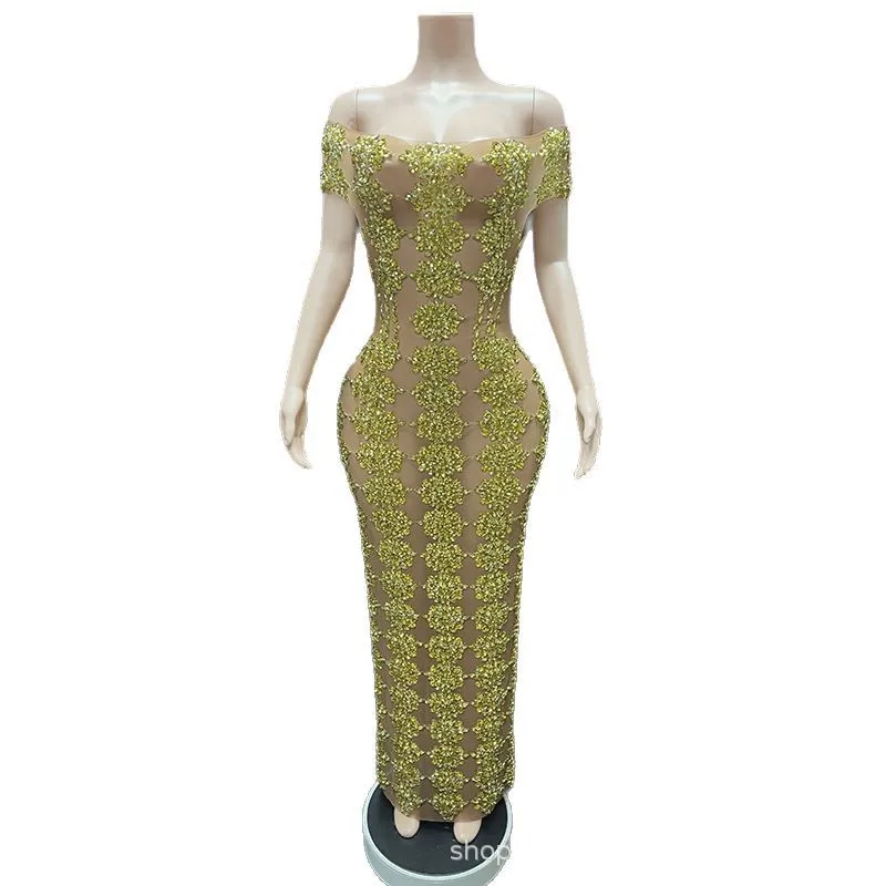 مزاجه الكتف الذهب حجر الراين فستان نموذج المدرج موضة المرأة عيد ميلاد الراقية فستان Vestidos De Gala Dama Brillantes #1