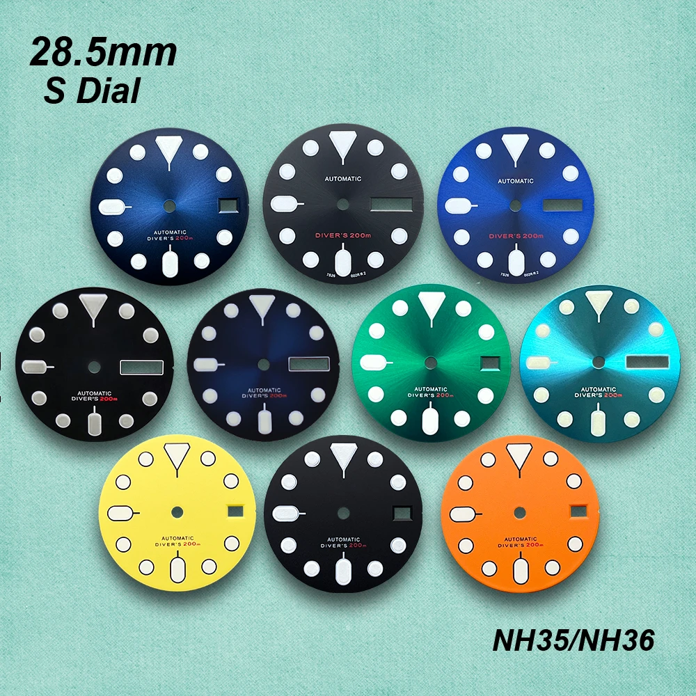 28.5mm SKX007 S Dial Fit NH35/NH36/4R36 Movement Green Luminous Matte/Sunray Dial Watch Modification Accessories