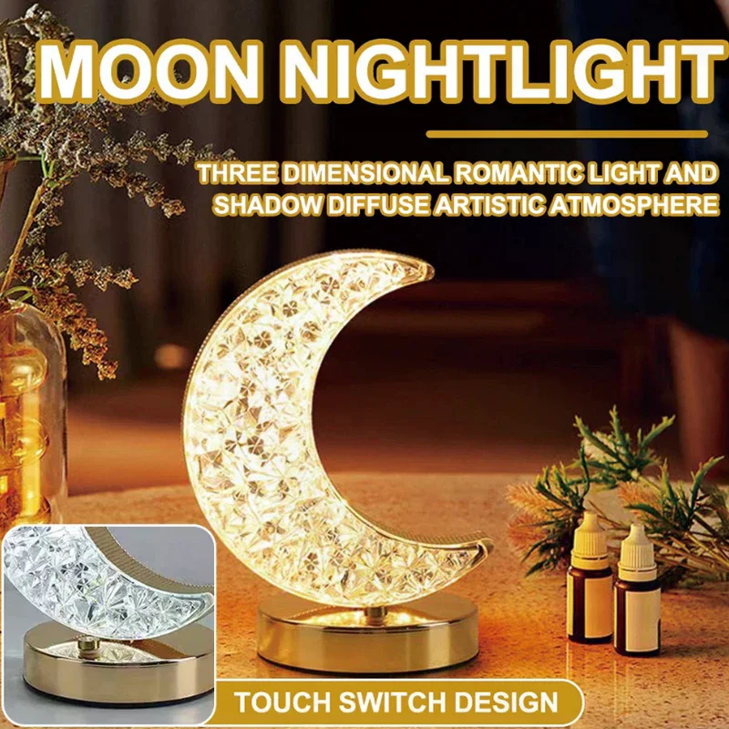 

Светодиодный ночник «Луна и Звезды», перезаряжаемая хрустальная настольная лампа с сенсорным управлением, регулируемая яркость, декор для комнаты на Рамадан, атмосферная 3D-лампа «Луна», подарок на Ид