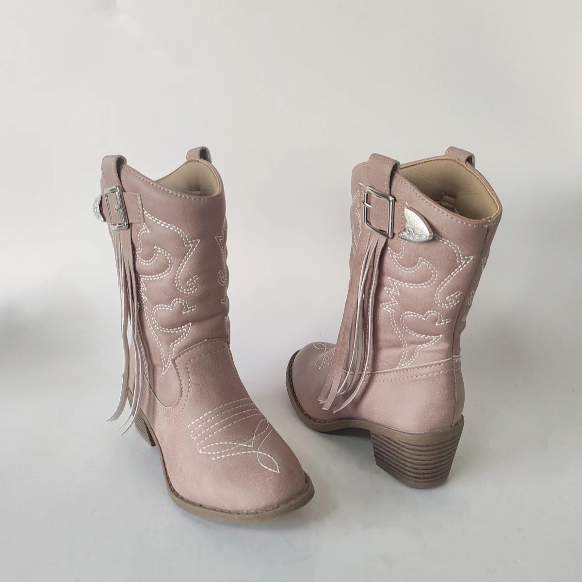 Pink Belt Buckle Tassel One Foot Stirrup Embroidery Chunky Heel Round Toe Knight Boots Western Mid Calf Boots For Girls view 5