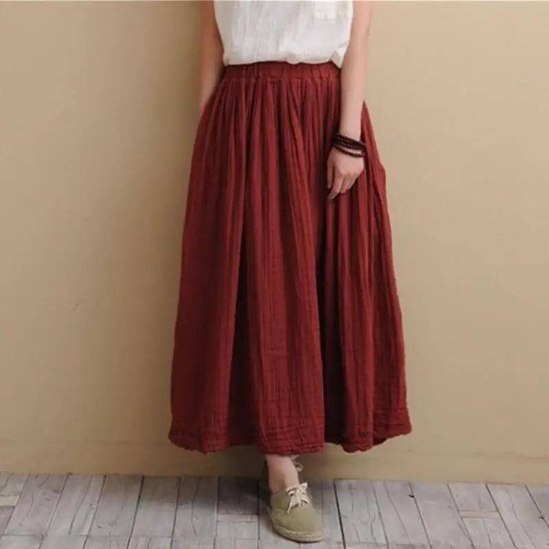 Autumn 2026 New Vintage Cotton Linen Pleated Skirts Women Long Maxi Tulle Solid Casual Skirt Elastic Waist Chic Vintage Clothes
