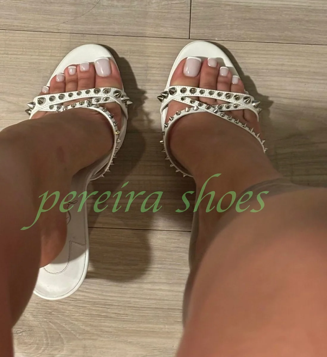 

Lady White Spike Sliver Design Pumps Open Toe Sexy Summer Runway Outdoors Metallic Footwear High Heels Mules Shoes Size 34-46