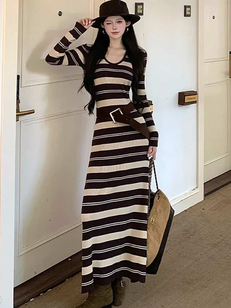 2025 جديد مخطط محبوك شيك ضمادة فستان ماكسي المرأة الكورية خمر Bodycon فستان فاخر الخريف الشتاء فساتين سترة أنيقة #1