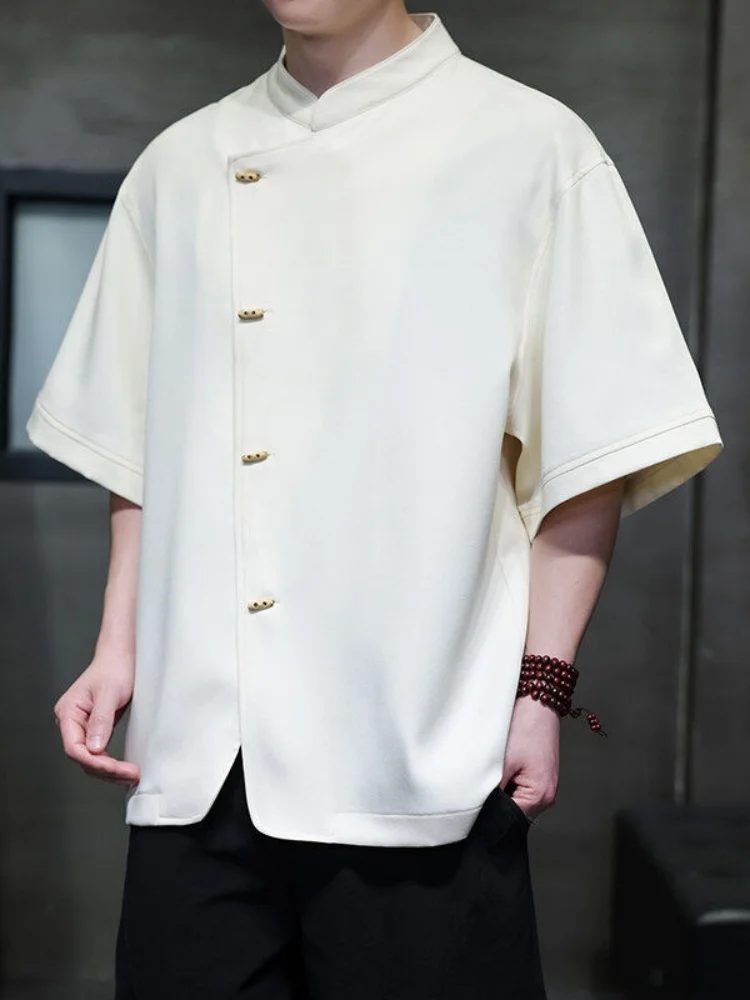 

Faionable Casual Color ort Sve irt Stand Collar Loose Fit Summer New Sle Large Size Men's Top Thin Five-Sve