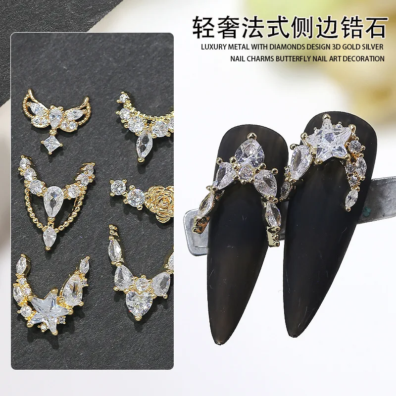 3PCS Luxury Sparkle Full Zircon French Crescent V Edge Gold Pendant Nail Art Rhinestones Jewel Decorations Manicure Top Charms