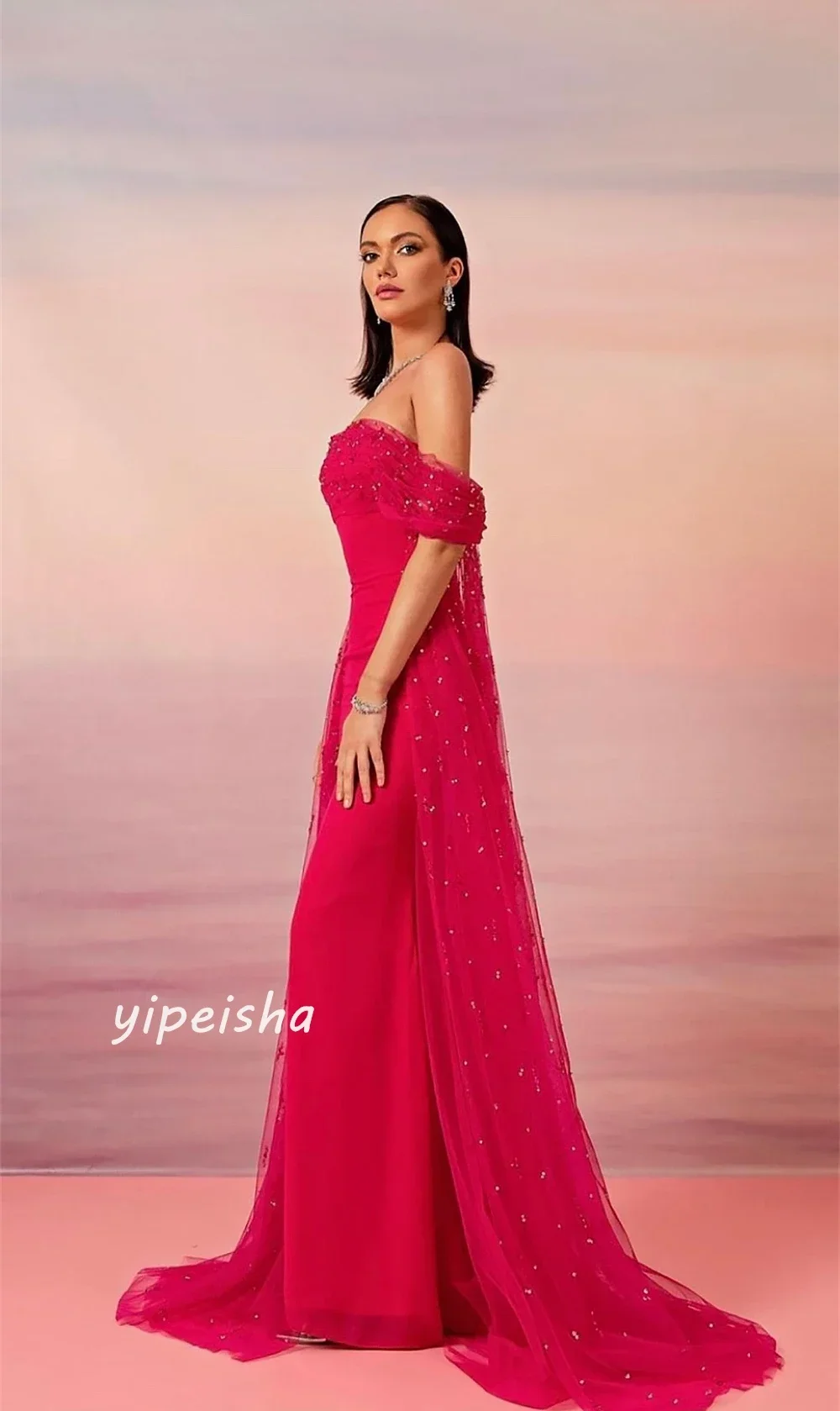 Evening Jersey Sequined Ruched Beach A-line Off-the-shoulder Bespoke Occasion Gown Long Dresses Classic Modern Style Elegant