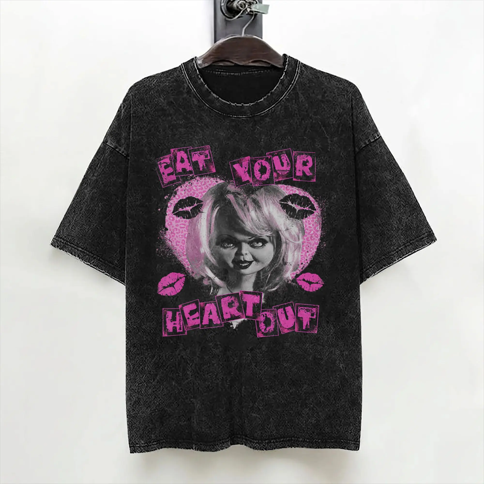 Chuckys Eat Your Heart Out T Shirts Washed Short Sleeve Oversize T-Shirts Halloween Vintage Men Women Streetwear Summer Tees