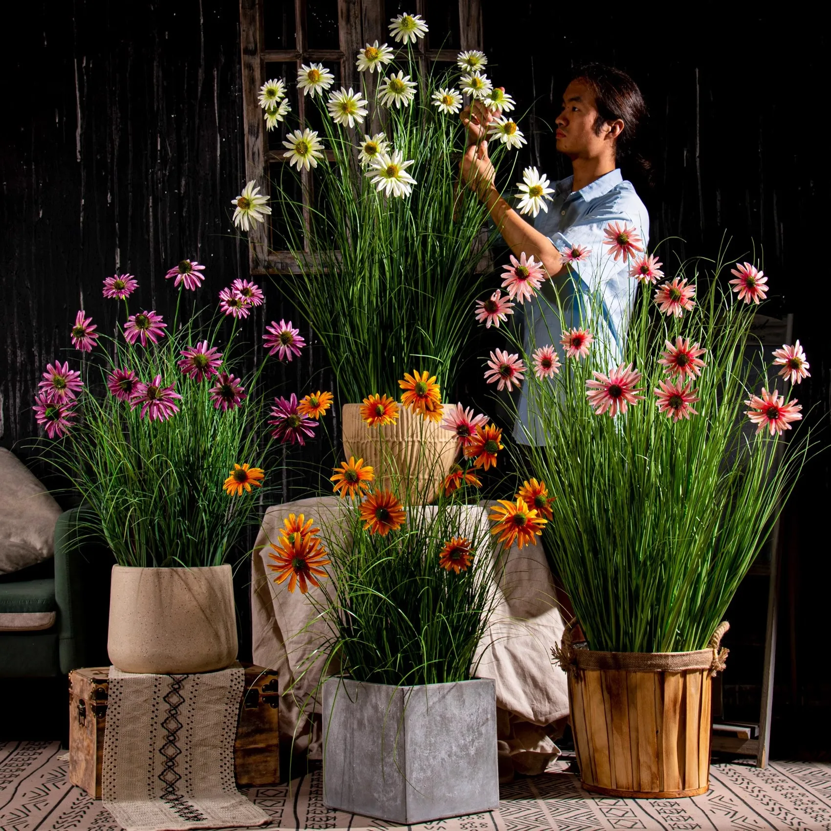 

Simulated green plant sunflower fake flower indoor shopping mall window reed grass fake tree bionic plant potted decorative orna