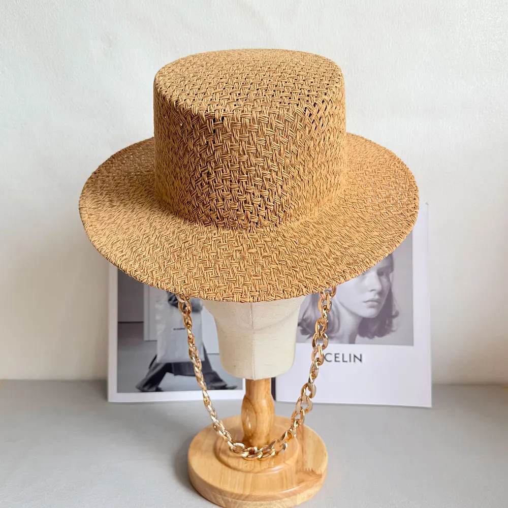 Fashion Vintage Panama Fiber Straw Hats For Women Men Summer Outdoor Holidays Beach Sun Hat With Chain Straw Hats Women Casual B
