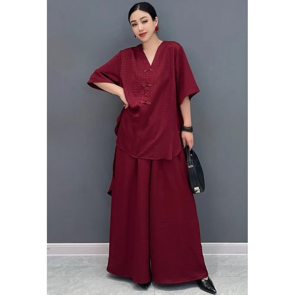 

2024 Summer New Chinese Style Button Top + Wide Leg Pants Two Piece Set Women Burgundy Black Pant Set LX1672