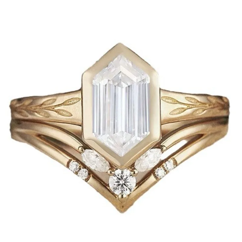 New European and American light luxury wheat ear shaped rectangular zircon inlaid women\'s two-piece ring set