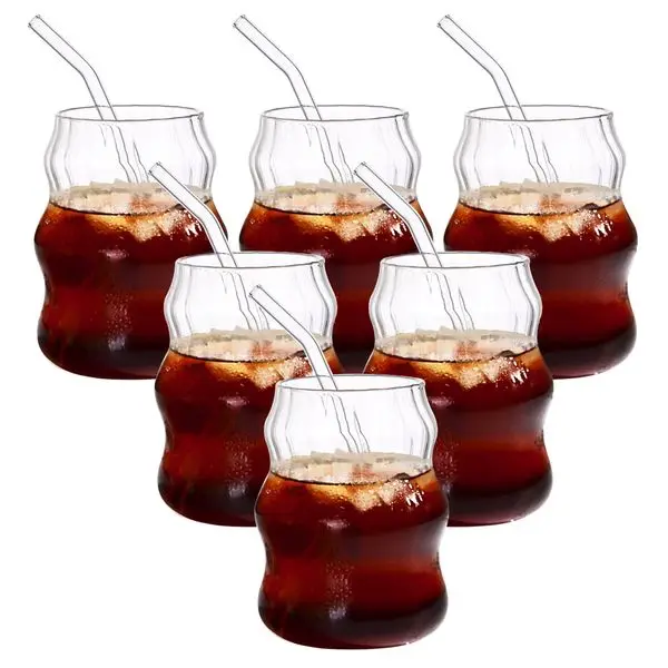 6 Pcs 19oz Glass Coffee Cup Set - Striped Cloud Design for Tea, Milk, Juice & Water