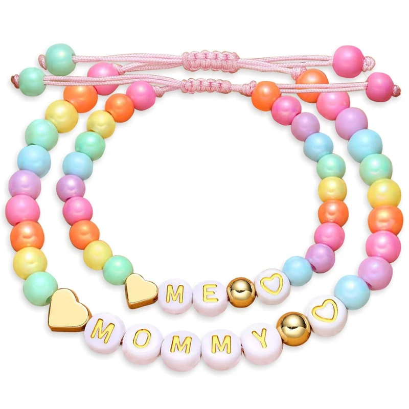 Mother Daughter Bead Bracelet Set for 2, Mama and Mini Matching Heart Bracelets for Mom Daughter Valentines Mother's Day Gift