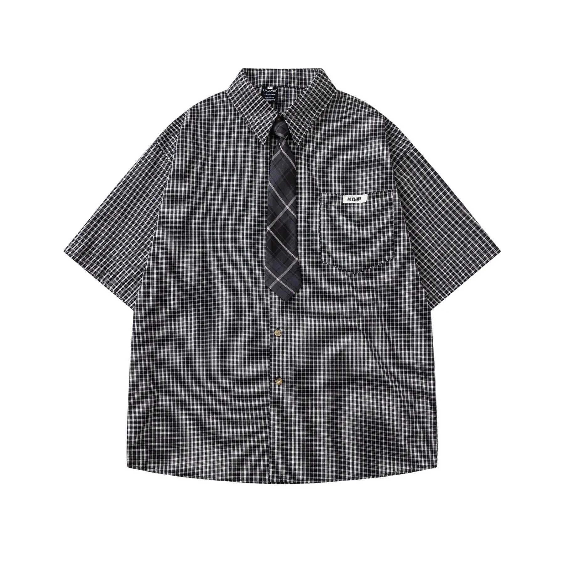 Japanese Retro Checked Short Sleeve Shirt Men Summer Plaid Tie Neck Casual Oversized College Style Fashion Couple Streetwear