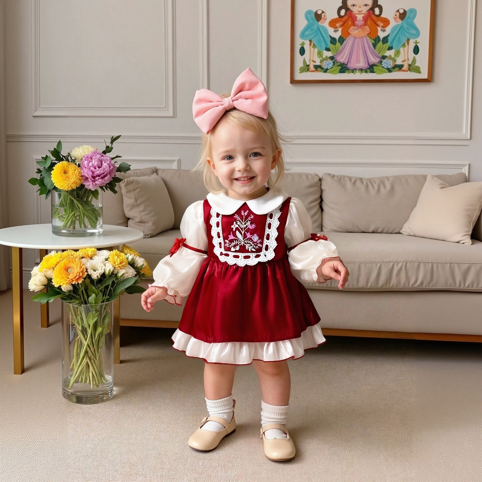 

Girls Dresses Spring/Autumn Bow Collar Bubble Sleeve Mesh Long Sleeve Baby Girl Dress Sweet And Cute Princess Dress Baby Clothes
