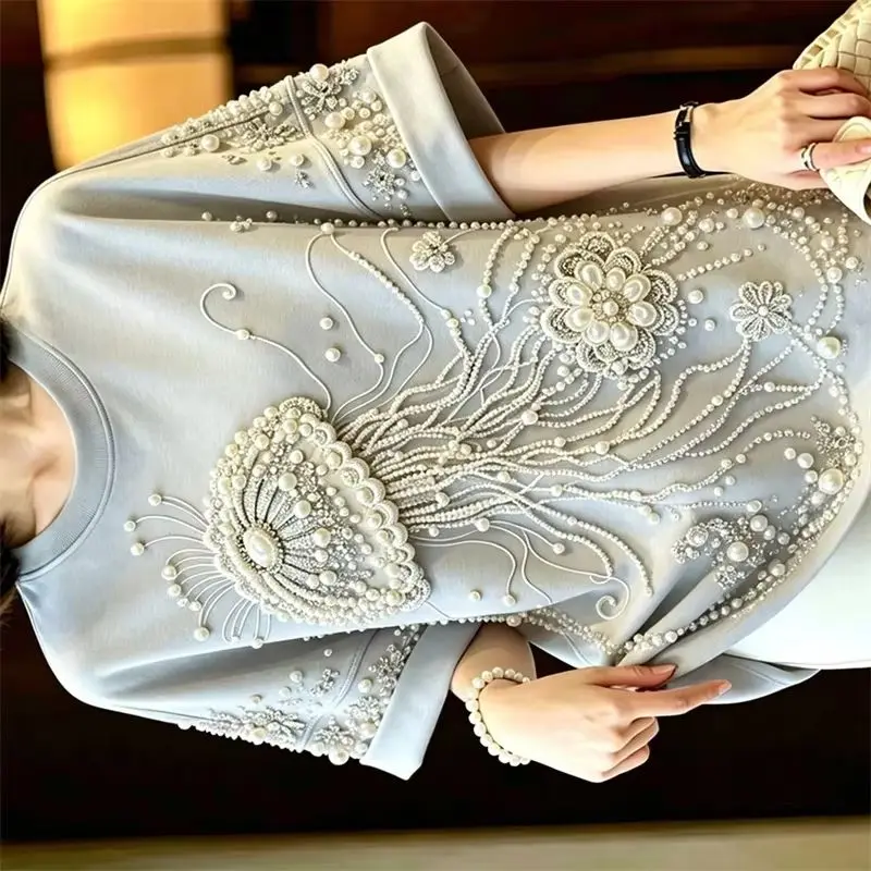 Heavy Industry Nail Bead Jellyfish Embroidery T-shirt Summer Autumn Fashion Women Tshirt Blouse Loose Short Sleeved Top Female