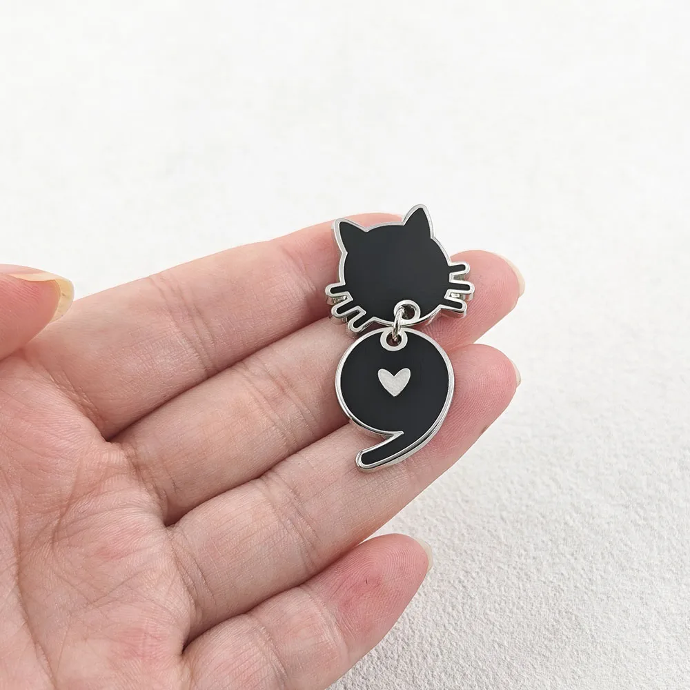 Cute Black Cat Enamel Pin Semicolon Heart Dangle Brooch Mental Health Awareness Tassel Metal Badge Animal Lapel Pin Jewelry Gift view 3