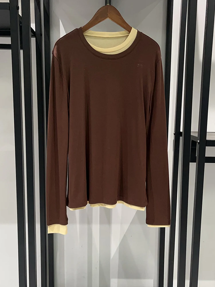 

Spring Autumn Casual Sle Women's T-irt Elastic round Ne True Two-Piece Irregular Color Blo Cotton Blend Long Sve
