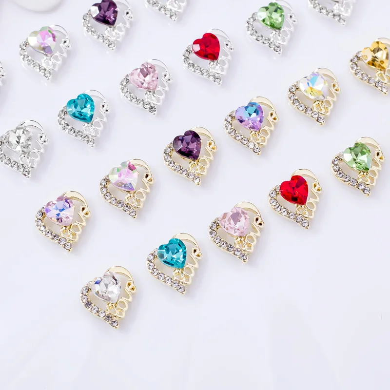 10 Pezzi/Lotto Charm di Lusso per Nail Art, Gioielli a Forma di Cuore in Cristallo e Lega, Strass Dorati e Argentati, Decorazioni per Manicure
