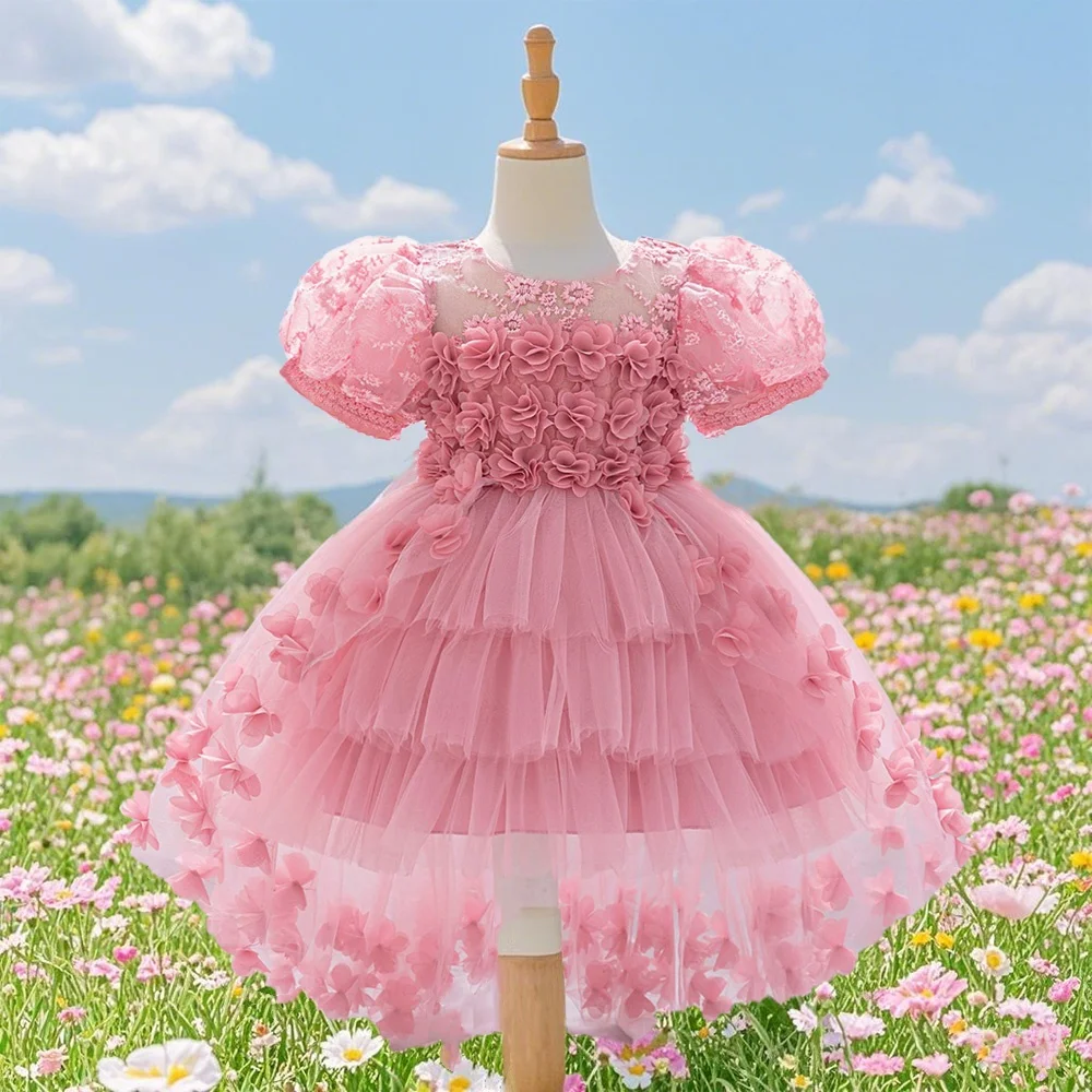 Children's flower dress wedding flower children's outdoor vacation dress trailing beautiful dress flower embroide