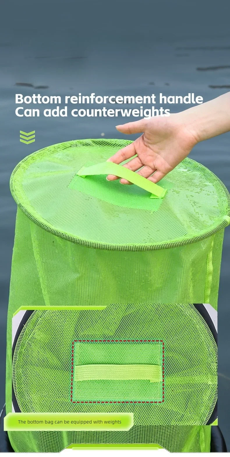 Neuer faltbarer runder schwimmender Fischkorb, Lebendgarnelenkäfig, Krabbenfalle für Wildfischfang im Bach, Strandfischerei-Ausrüstung – Detail 8