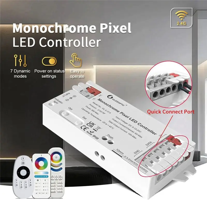 GLEDOPTO Monochrome Pixel LED Controller Brightness Light Strip RF Remote Controller With 7 Dynamic Effects