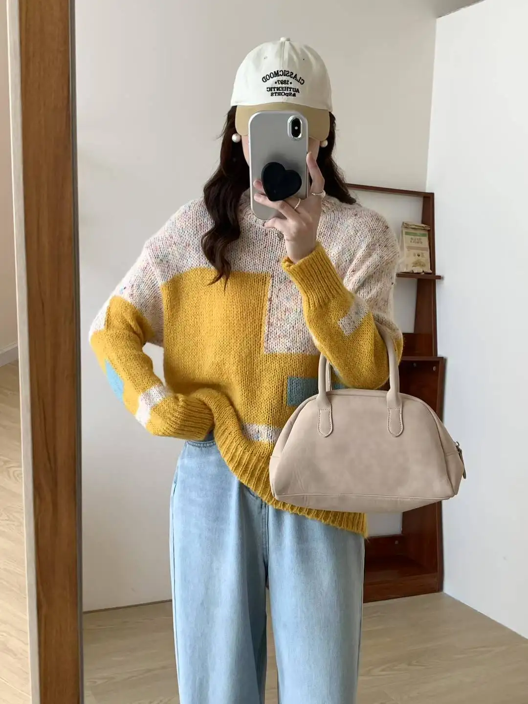 

Women Autumn Winter New Thin Round Neck Soft Gentle Style Color Block Knitted Top Loose Pullover Sweater